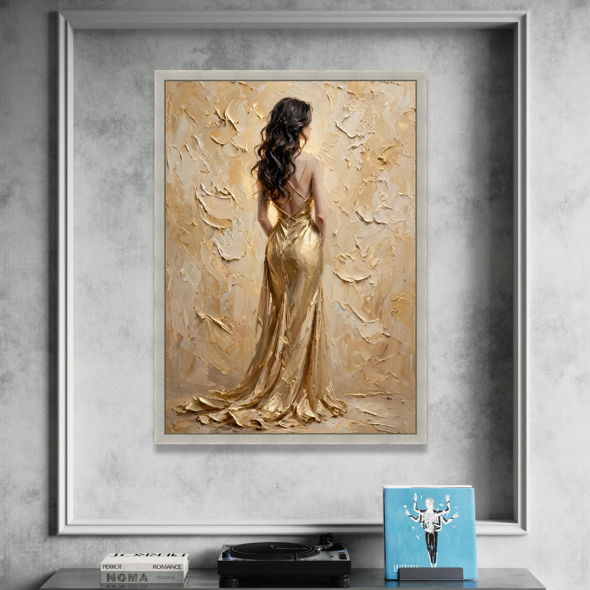 Elegant Woman Gold Dress Canvas, Back View Portrait Wall Art, Glamour Fashion Painting, Luxurious Home Decoration, Feminine Canvas Print Art