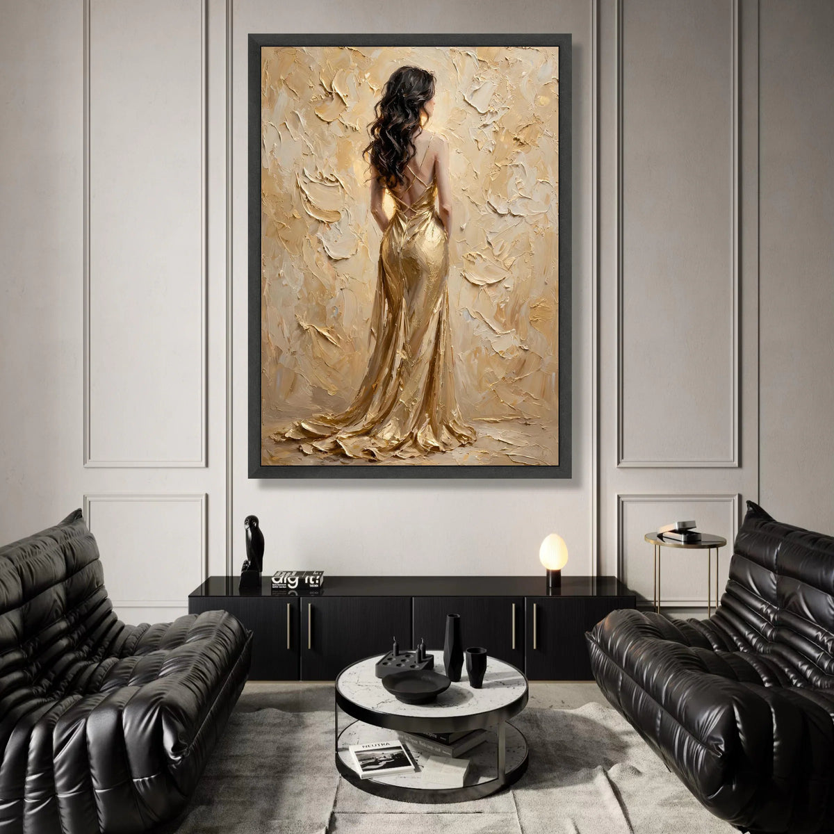 Elegant Woman Gold Dress Canvas, Back View Portrait Wall Art, Glamour Fashion Painting, Luxurious Home Decoration, Feminine Canvas Print Art
