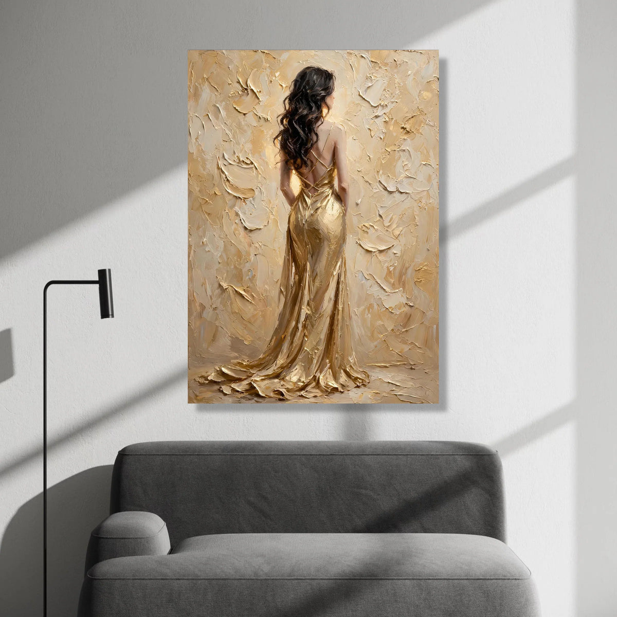 Elegant Woman Gold Dress Canvas, Back View Portrait Wall Art, Glamour Fashion Painting, Luxurious Home Decoration, Feminine Canvas Print Art