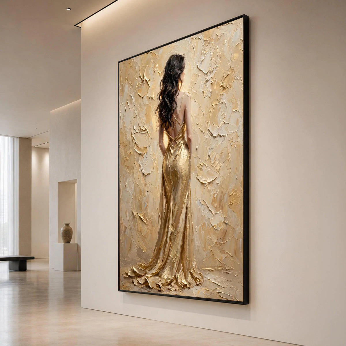 Elegant Woman Gold Dress Canvas, Back View Portrait Wall Art, Glamour Fashion Painting, Luxurious Home Decoration, Feminine Canvas Print Art