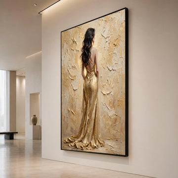 Elegant Woman Gold Dress Canvas, Back View Portrait Wall Art, Glamour Fashion Painting, Luxurious Home Decoration, Feminine Canvas Print Art