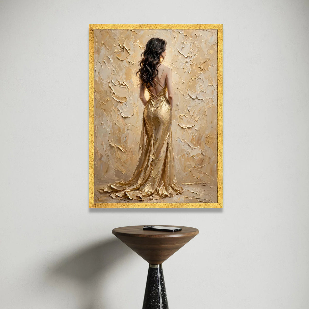 Elegant Woman Gold Dress Canvas, Back View Portrait Wall Art, Glamour Fashion Painting, Luxurious Home Decoration, Feminine Canvas Print Art