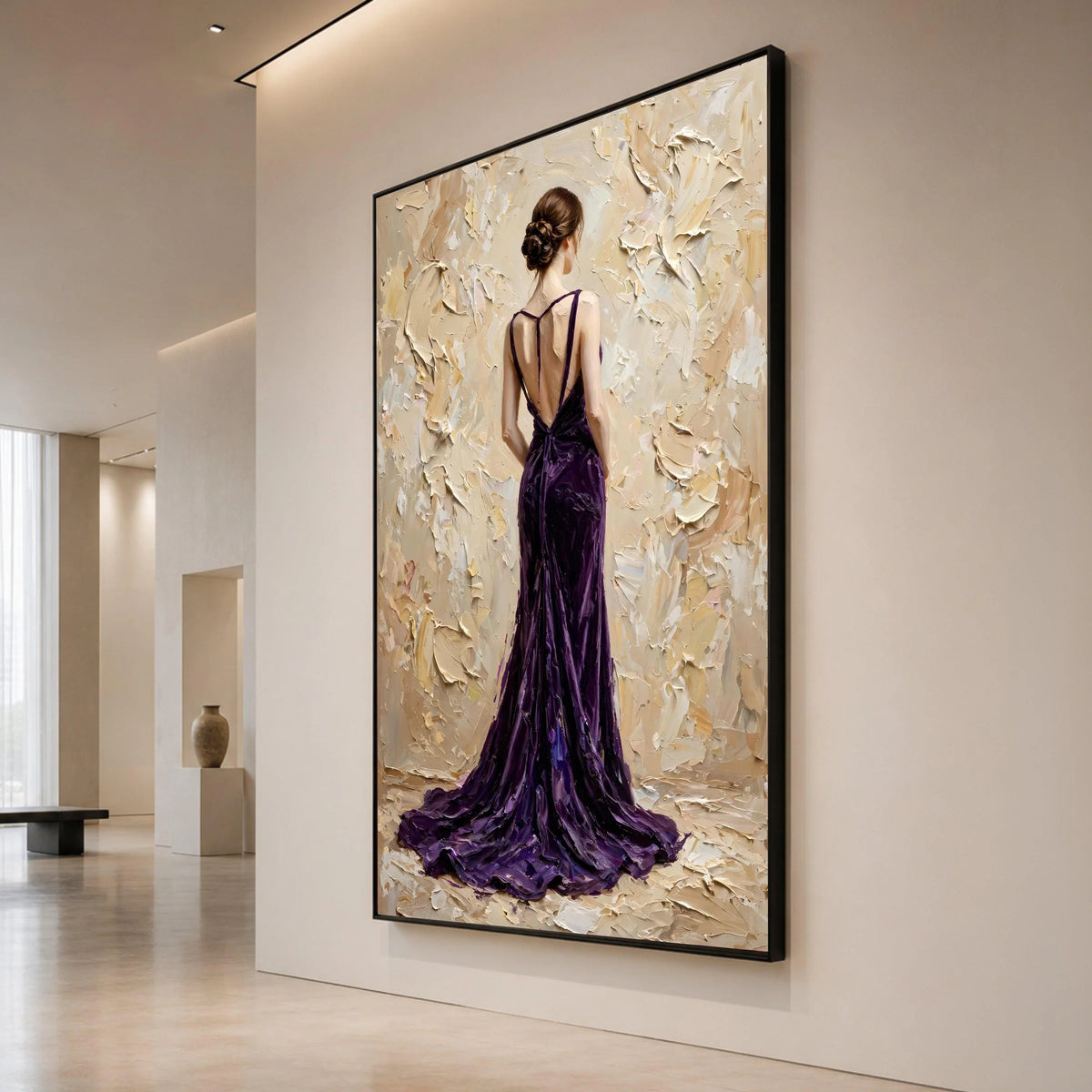 Elegant Woman Purple Gown Canvas, Back View Figure Art, Feminine Portrait Wall Decoration, Contemporary Fashion Canvas Art Canvas Print Art