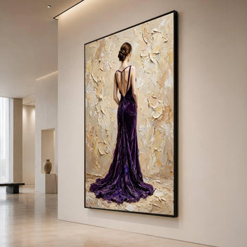 Elegant Woman Purple Gown Canvas, Back View Figure Art, Feminine Portrait Wall Decoration, Contemporary Fashion Canvas Art Canvas Print Art