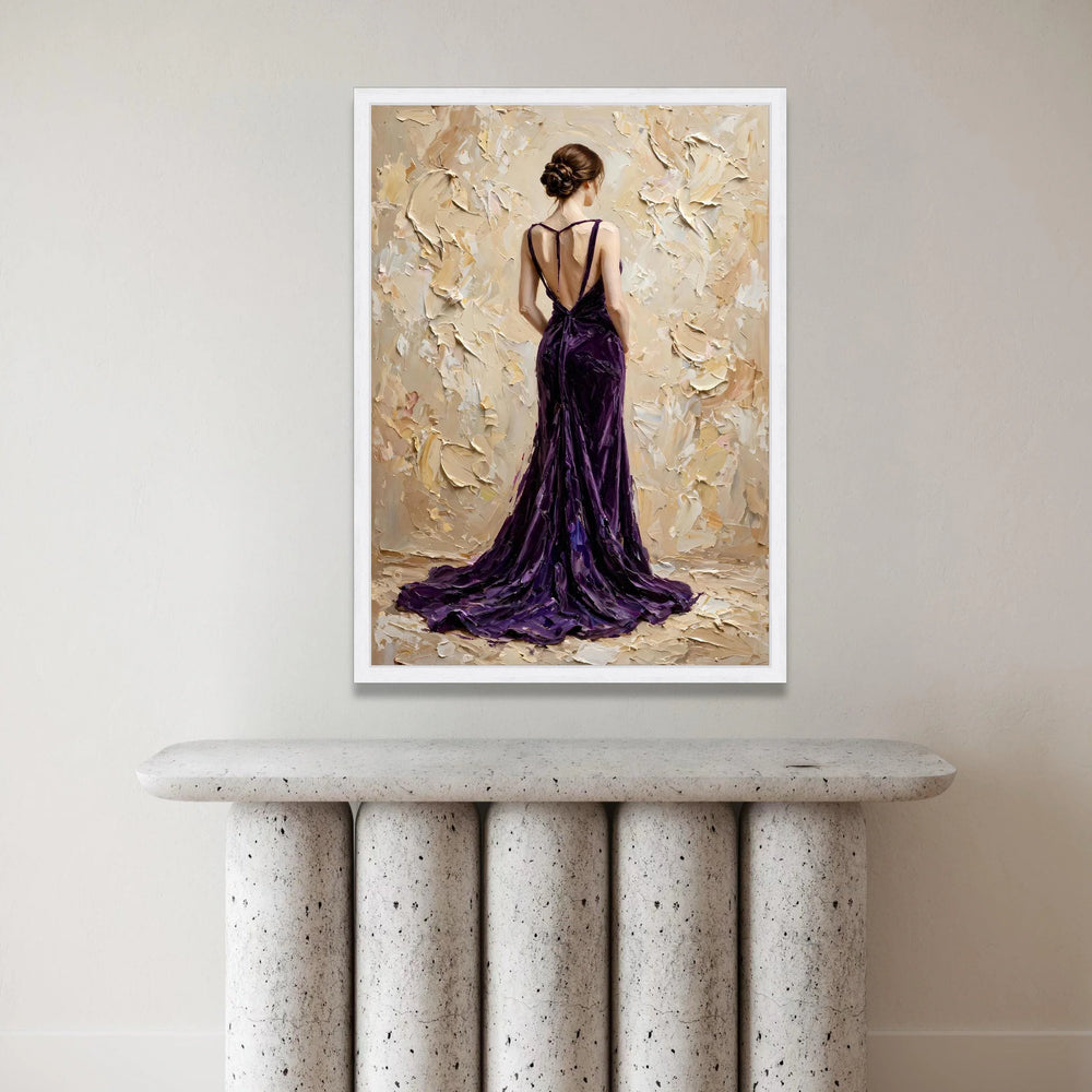 Elegant Woman Purple Gown Canvas, Back View Figure Art, Feminine Portrait Wall Decoration, Contemporary Fashion Canvas Art Canvas Print Art