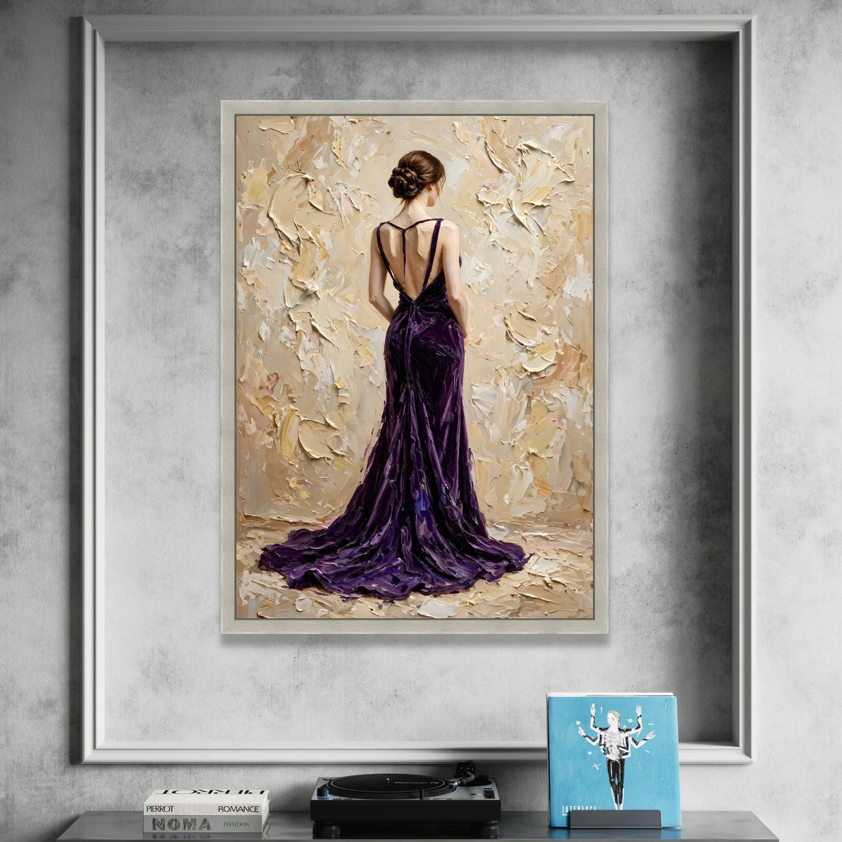 Elegant Woman Purple Gown Canvas, Back View Figure Art, Feminine Portrait Wall Decoration, Contemporary Fashion Canvas Art Canvas Print Art