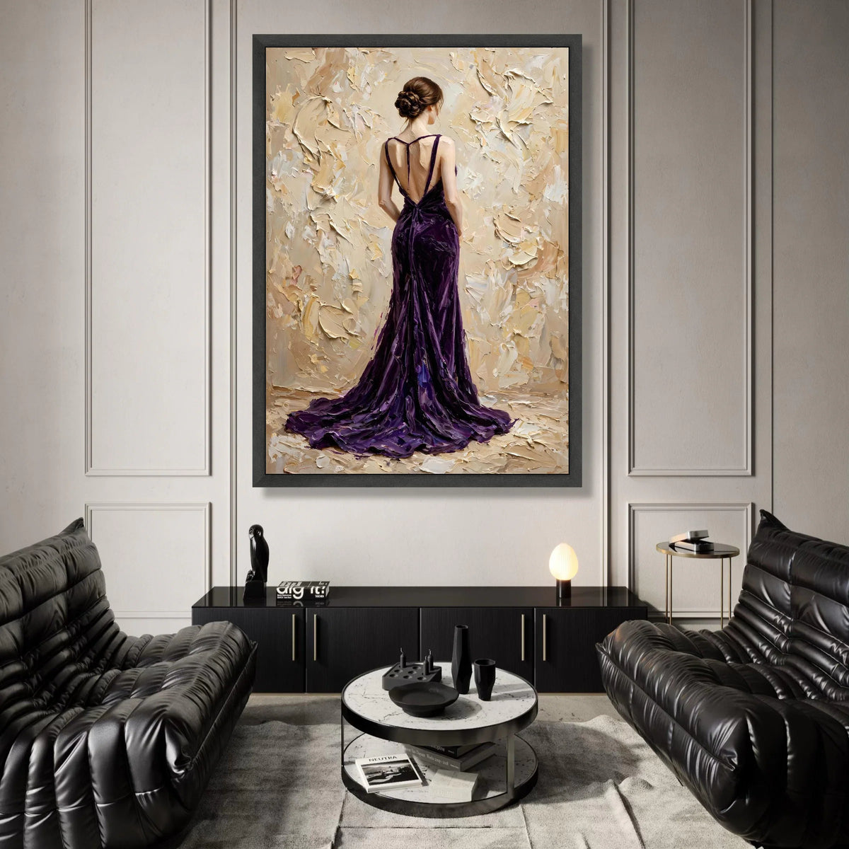 Elegant Woman Purple Gown Canvas, Back View Figure Art, Feminine Portrait Wall Decoration, Contemporary Fashion Canvas Art Canvas Print Art