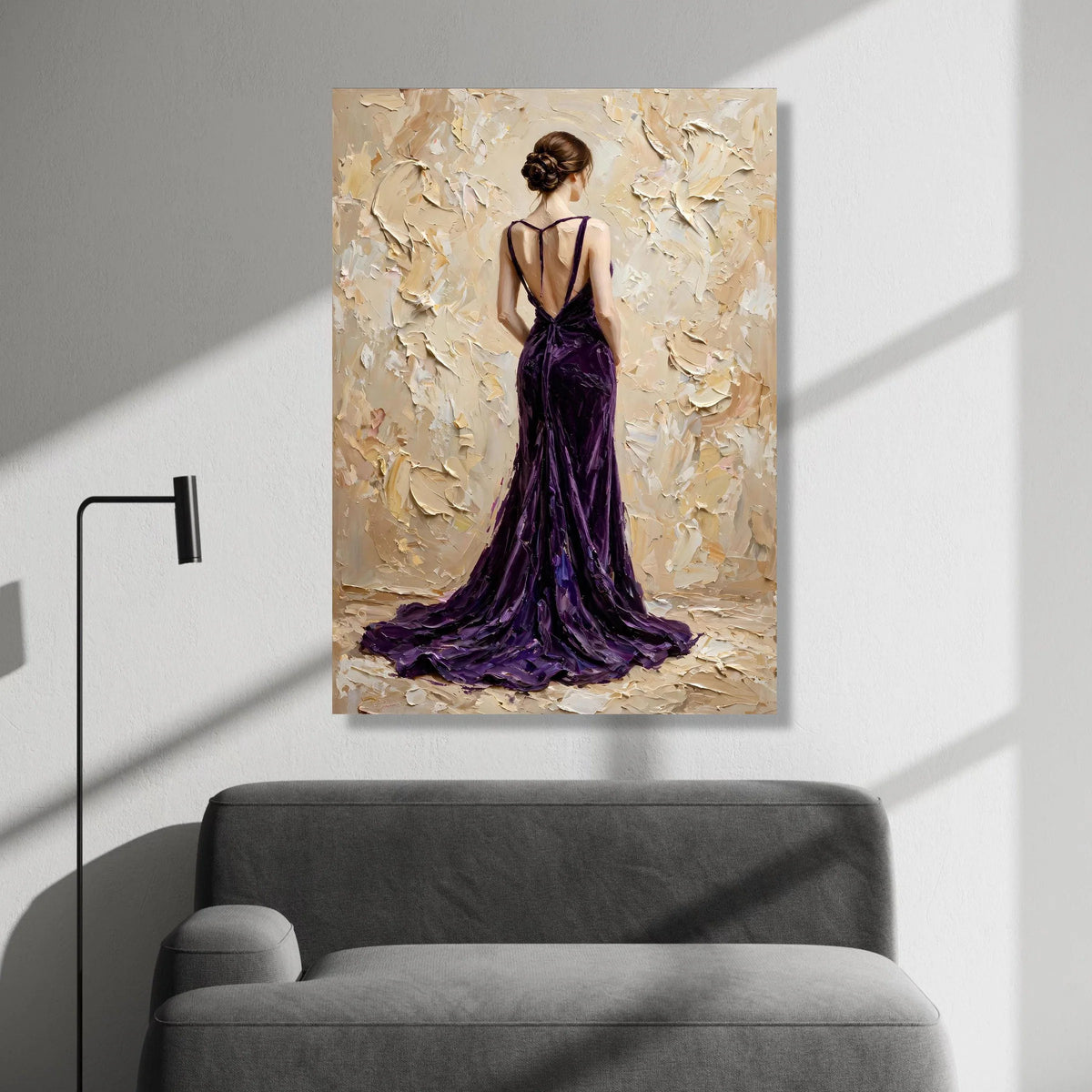 Elegant Woman Purple Gown Canvas, Back View Figure Art, Feminine Portrait Wall Decoration, Contemporary Fashion Canvas Art Canvas Print Art