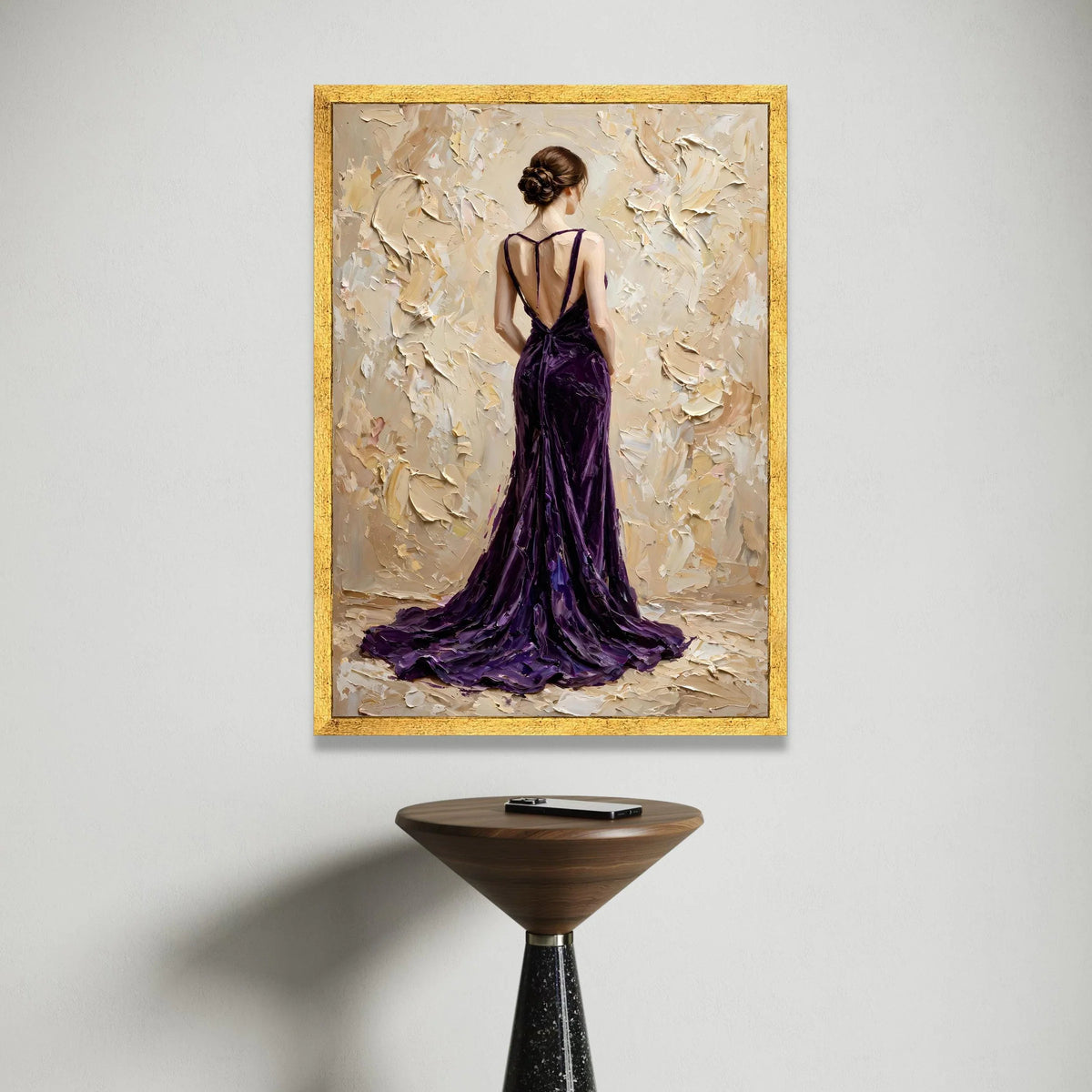 Elegant Woman Purple Gown Canvas, Back View Figure Art, Feminine Portrait Wall Decoration, Contemporary Fashion Canvas Art Canvas Print Art
