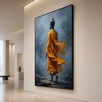 Serene Buddha Figure Orange Robe Canvas, Spiritual Wall Art, Meditation Decor, Tranquil Buddhist Canvas, Home Zen Canvas Print Art