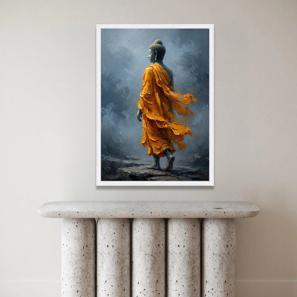 Serene Buddha Figure Orange Robe Canvas, Spiritual Wall Art, Meditation Decor, Tranquil Buddhist Canvas, Home Zen Canvas Print Art