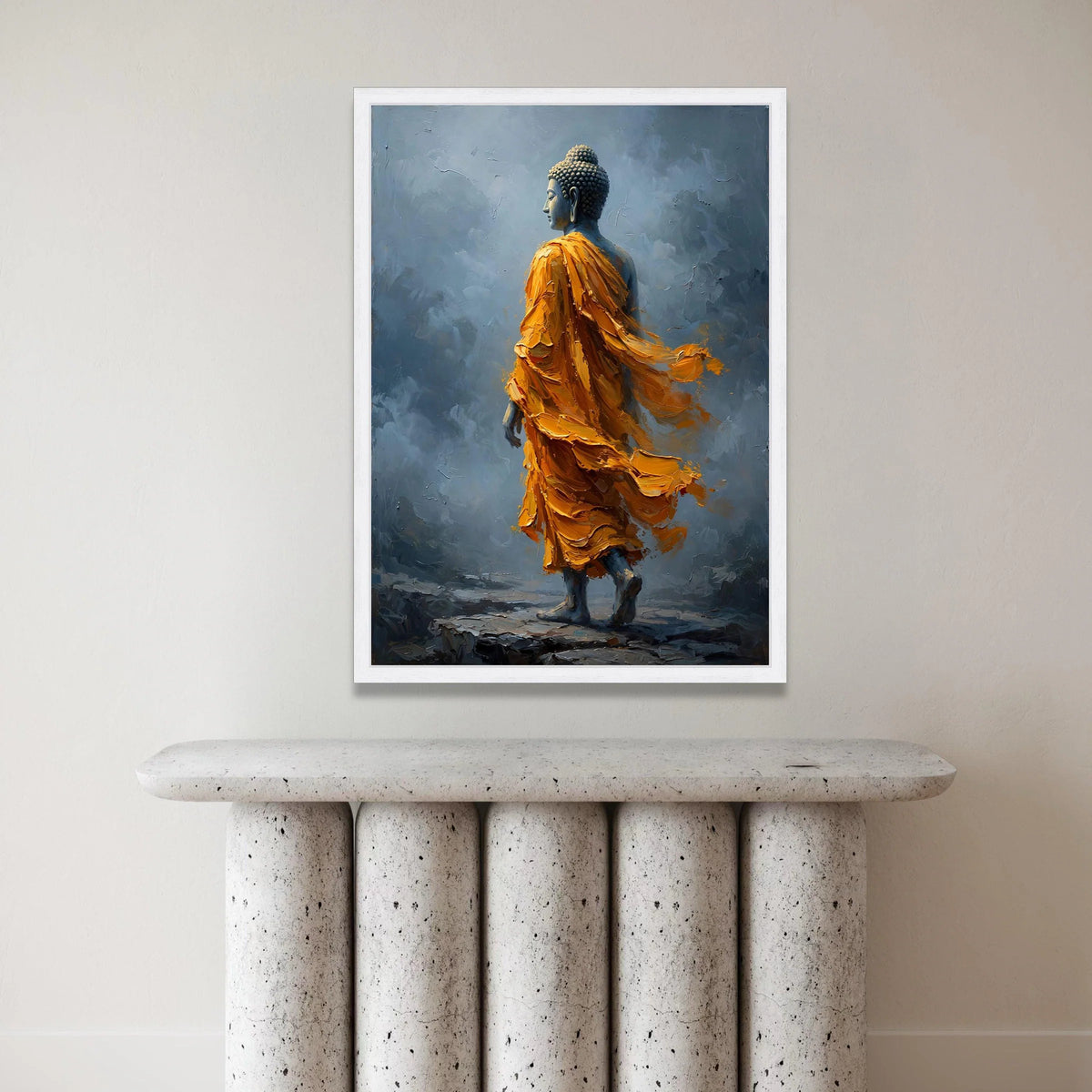Serene Buddha Figure Orange Robe Canvas, Spiritual Wall Art, Meditation Decor, Tranquil Buddhist Canvas, Home Zen Canvas Print Art