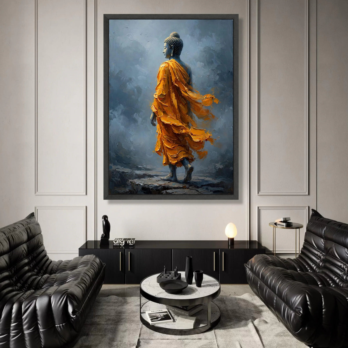Serene Buddha Figure Orange Robe Canvas, Spiritual Wall Art, Meditation Decor, Tranquil Buddhist Canvas, Home Zen Canvas Print Art