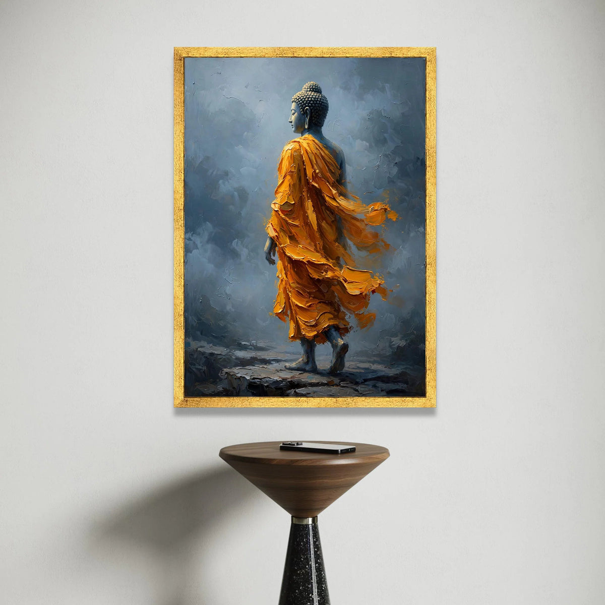 Serene Buddha Figure Orange Robe Canvas, Spiritual Wall Art, Meditation Decor, Tranquil Buddhist Canvas, Home Zen Canvas Print Art