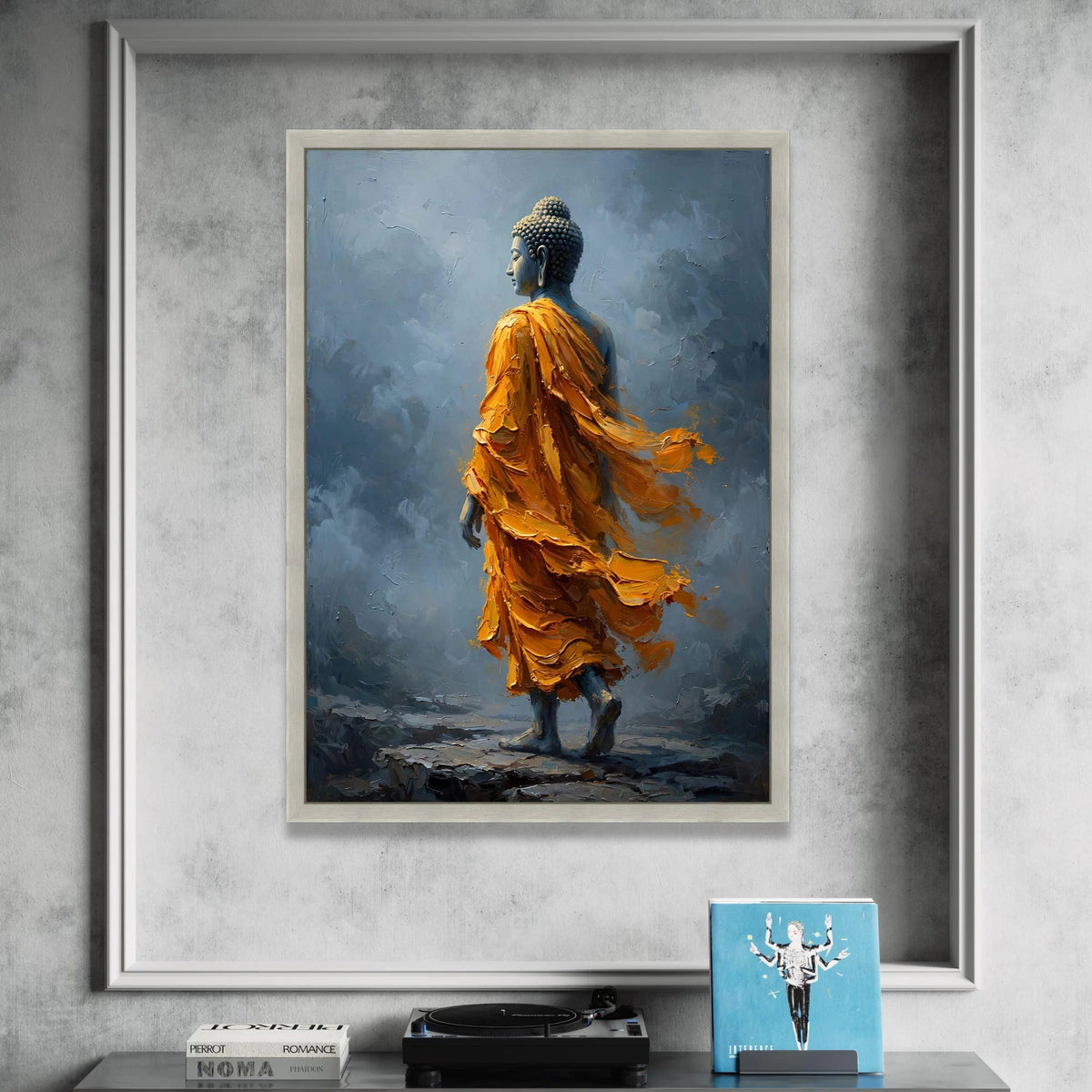 Serene Buddha Figure Orange Robe Canvas, Spiritual Wall Art, Meditation Decor, Tranquil Buddhist Canvas, Home Zen Canvas Print Art