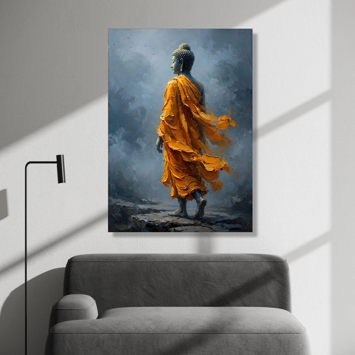 Serene Buddha Figure Orange Robe Canvas, Spiritual Wall Art, Meditation Decor, Tranquil Buddhist Canvas, Home Zen Canvas Print Art
