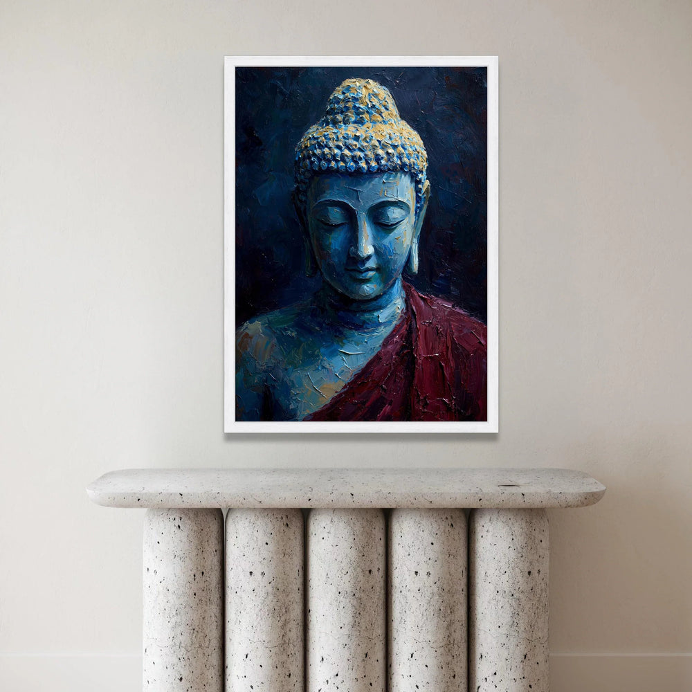 Tranquil Buddha Portrait Canvas, Spiritual Meditation Wall Art, Blue and Gold Buddha Canvas, Zen Home Decor, Peaceful Canvas Print Art
