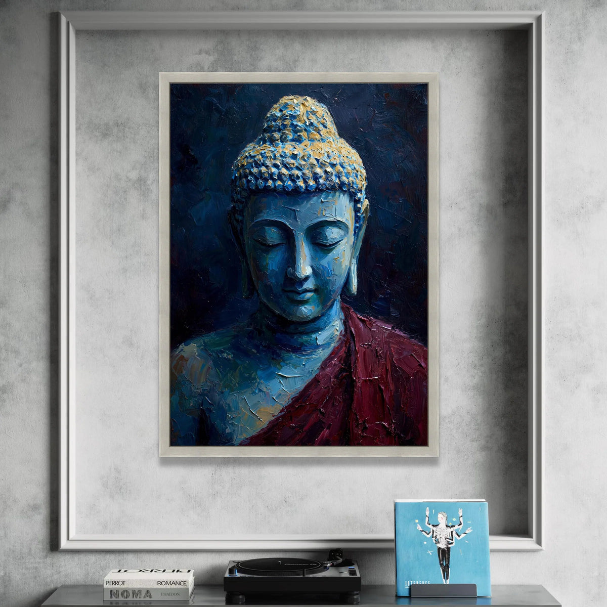 Tranquil Buddha Portrait Canvas, Spiritual Meditation Wall Art, Blue and Gold Buddha Canvas, Zen Home Decor, Peaceful Canvas Print Art