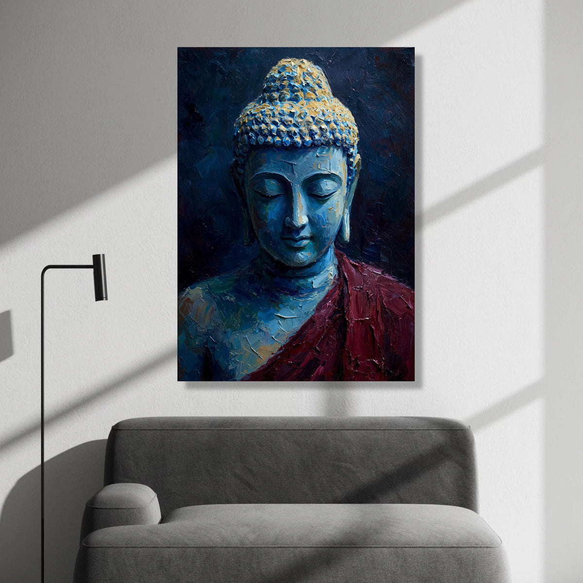 Tranquil Buddha Portrait Canvas, Spiritual Meditation Wall Art, Blue and Gold Buddha Canvas, Zen Home Decor, Peaceful Canvas Print Art