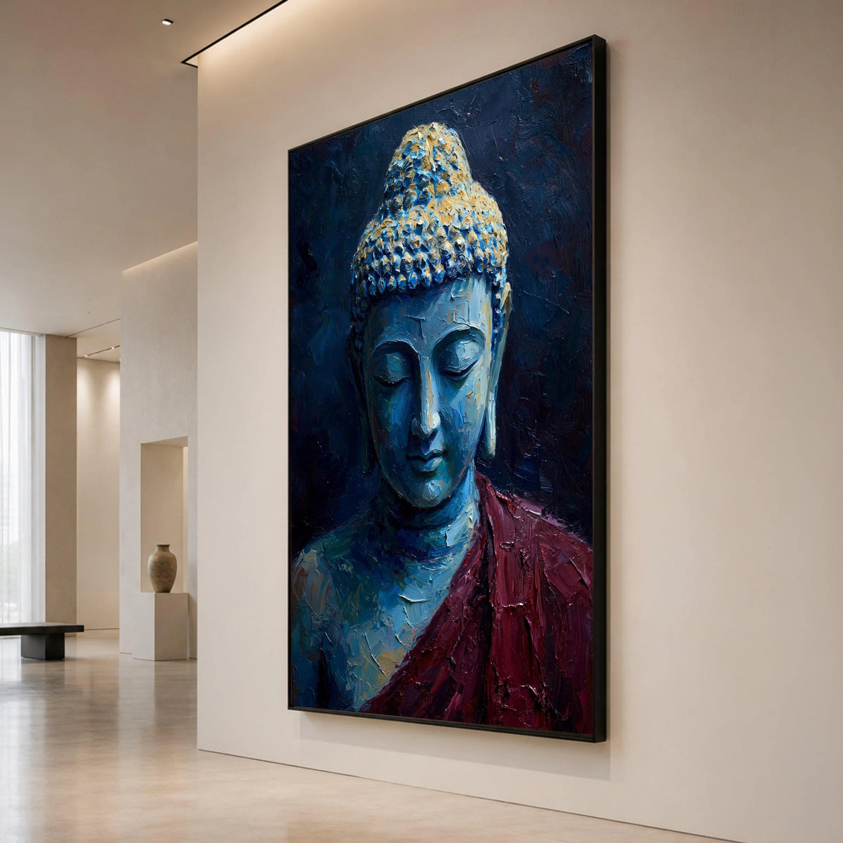 Tranquil Buddha Portrait Canvas, Spiritual Meditation Wall Art, Blue and Gold Buddha Canvas, Zen Home Decor, Peaceful Canvas Print Art
