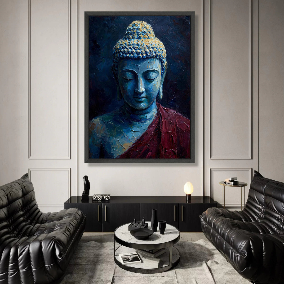 Tranquil Buddha Portrait Canvas, Spiritual Meditation Wall Art, Blue and Gold Buddha Canvas, Zen Home Decor, Peaceful Canvas Print Art