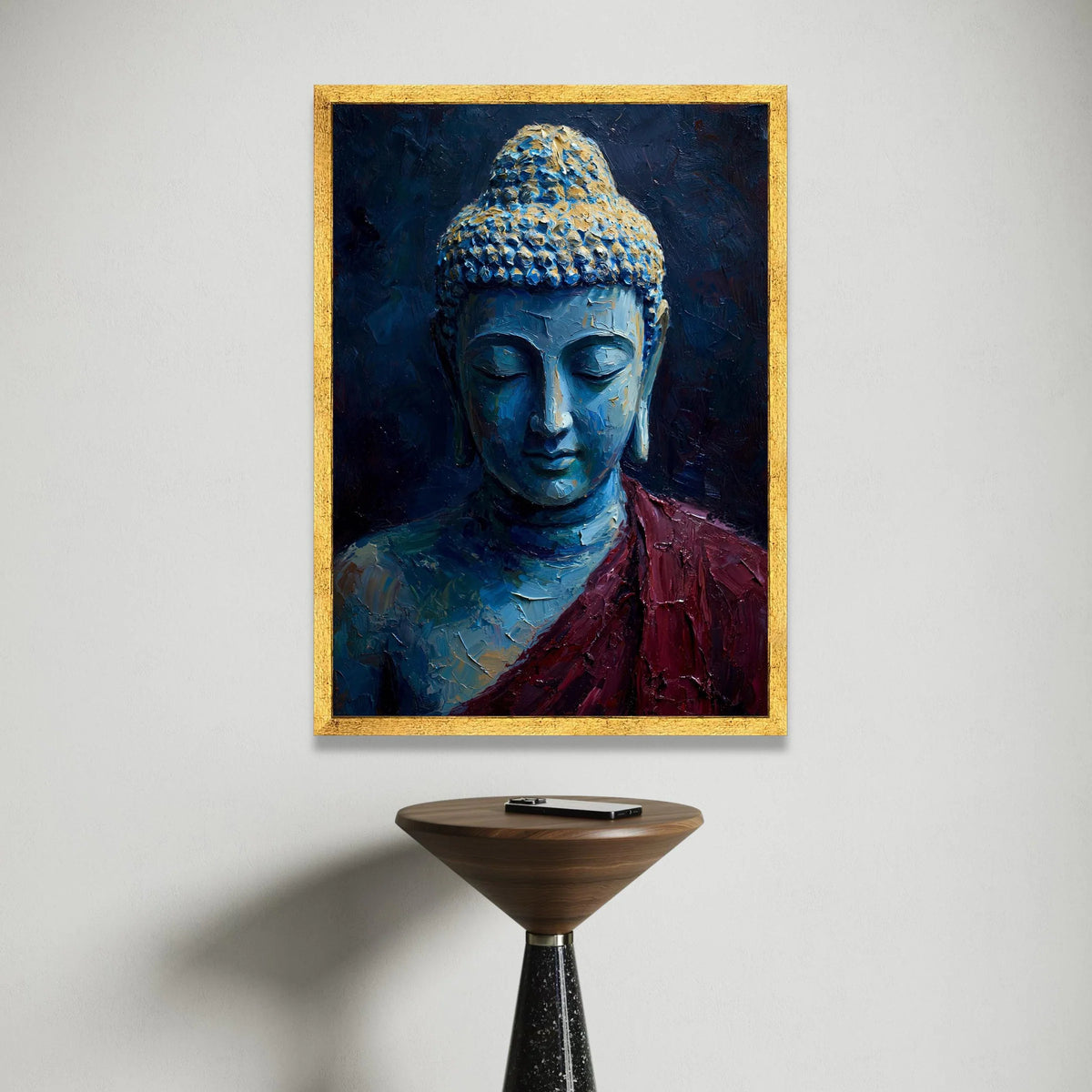 Tranquil Buddha Portrait Canvas, Spiritual Meditation Wall Art, Blue and Gold Buddha Canvas, Zen Home Decor, Peaceful Canvas Print Art