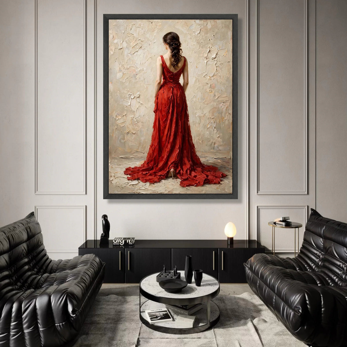 Elegant Woman Red Gown Canvas, Back View Portrait Wall Art, Feminine Fashion Decoration, Classic Dress Canvas Art, Ready to Canvas Print Art