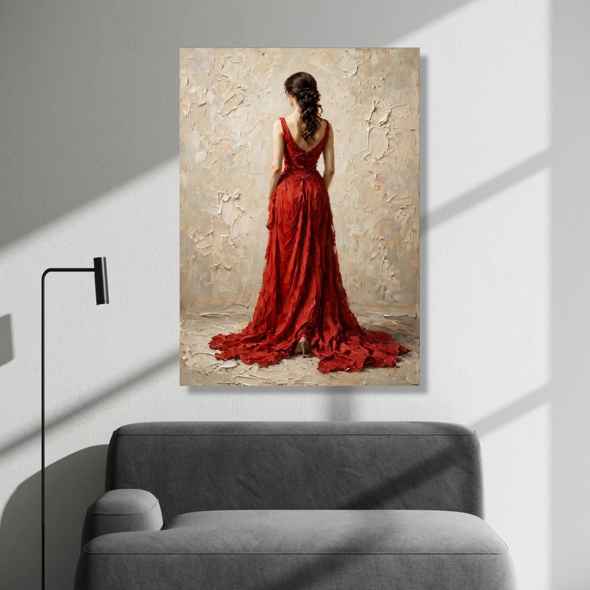 Elegant Woman Red Gown Canvas, Back View Portrait Wall Art, Feminine Fashion Decoration, Classic Dress Canvas Art, Ready to Canvas Print Art