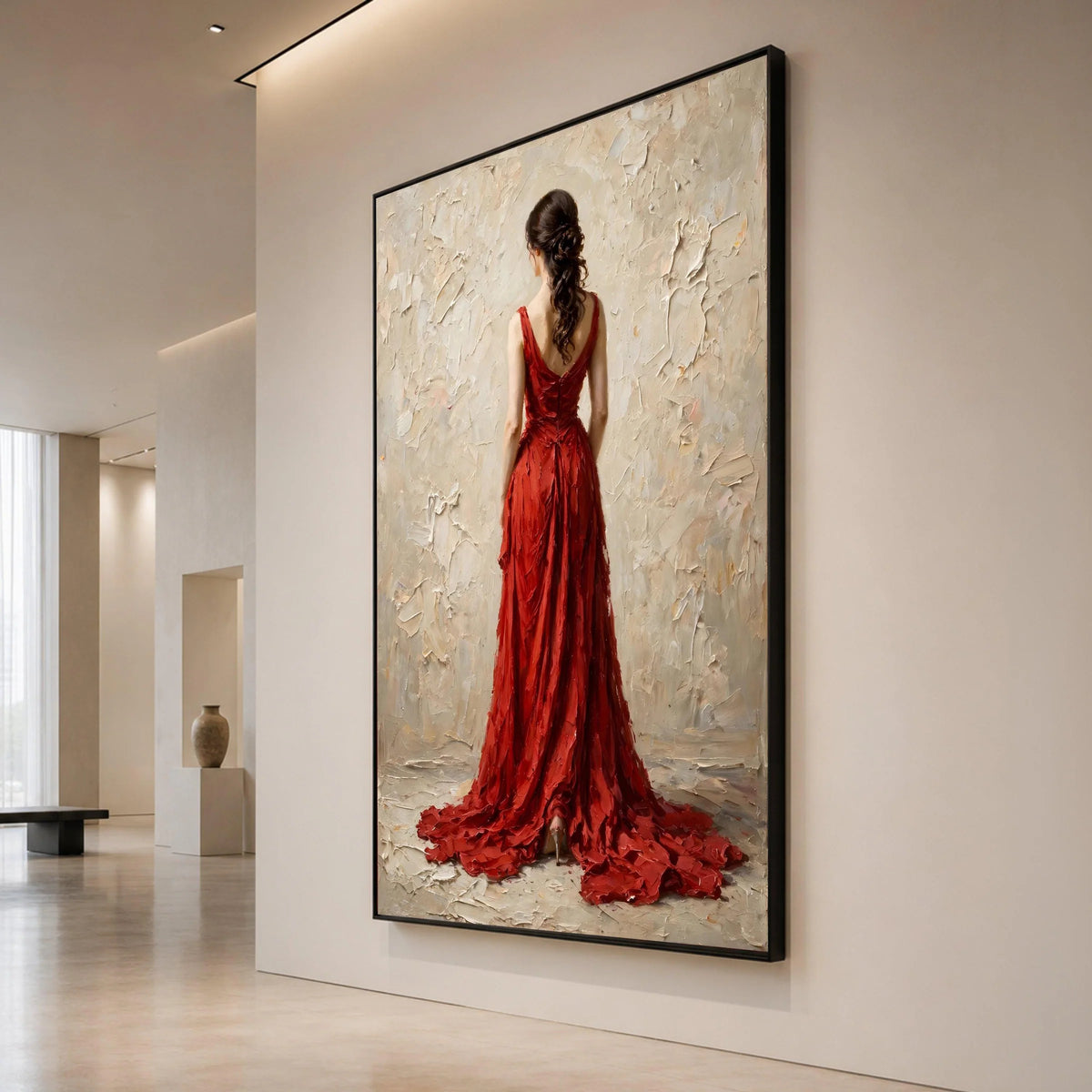 Elegant Woman Red Gown Canvas, Back View Portrait Wall Art, Feminine Fashion Decoration, Classic Dress Canvas Art, Ready to Canvas Print Art