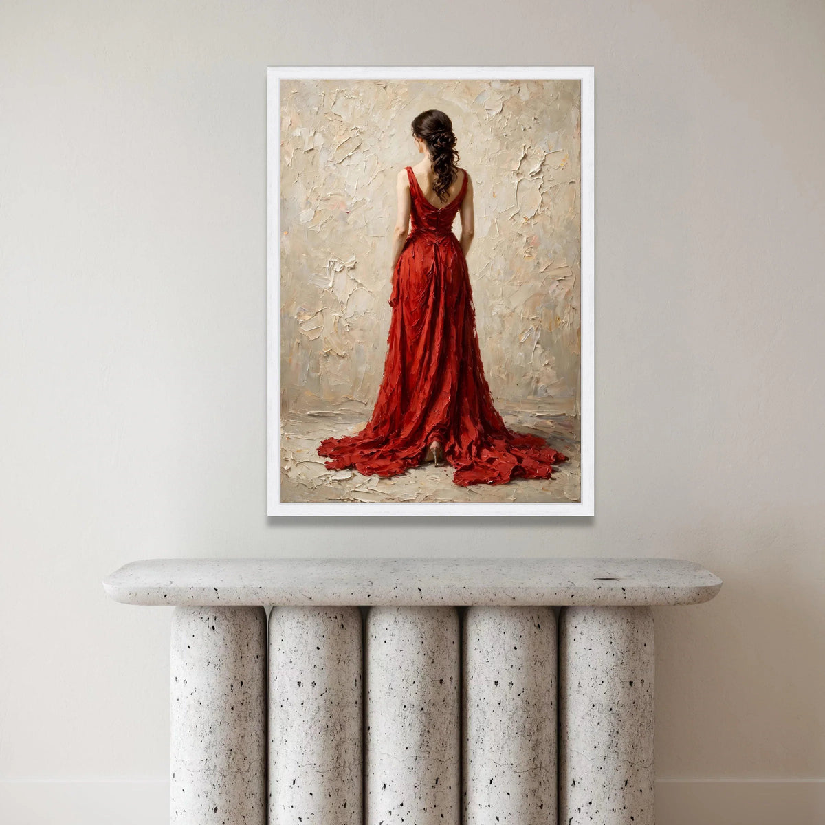 Elegant Woman Red Gown Canvas, Back View Portrait Wall Art, Feminine Fashion Decoration, Classic Dress Canvas Art, Ready to Canvas Print Art