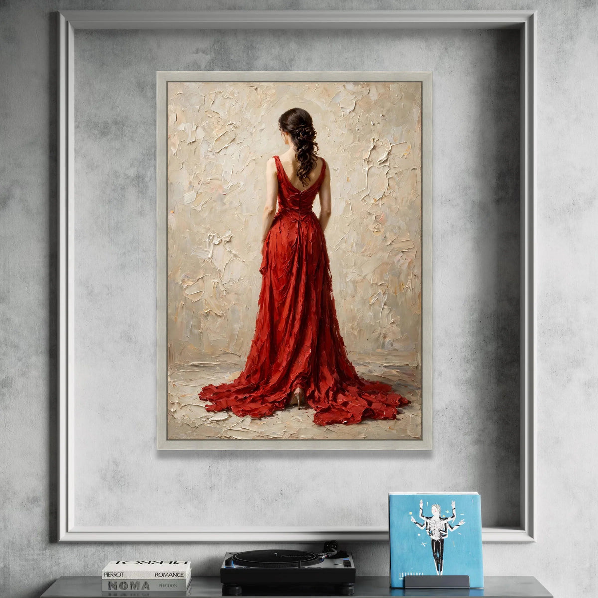Elegant Woman Red Gown Canvas, Back View Portrait Wall Art, Feminine Fashion Decoration, Classic Dress Canvas Art, Ready to Canvas Print Art