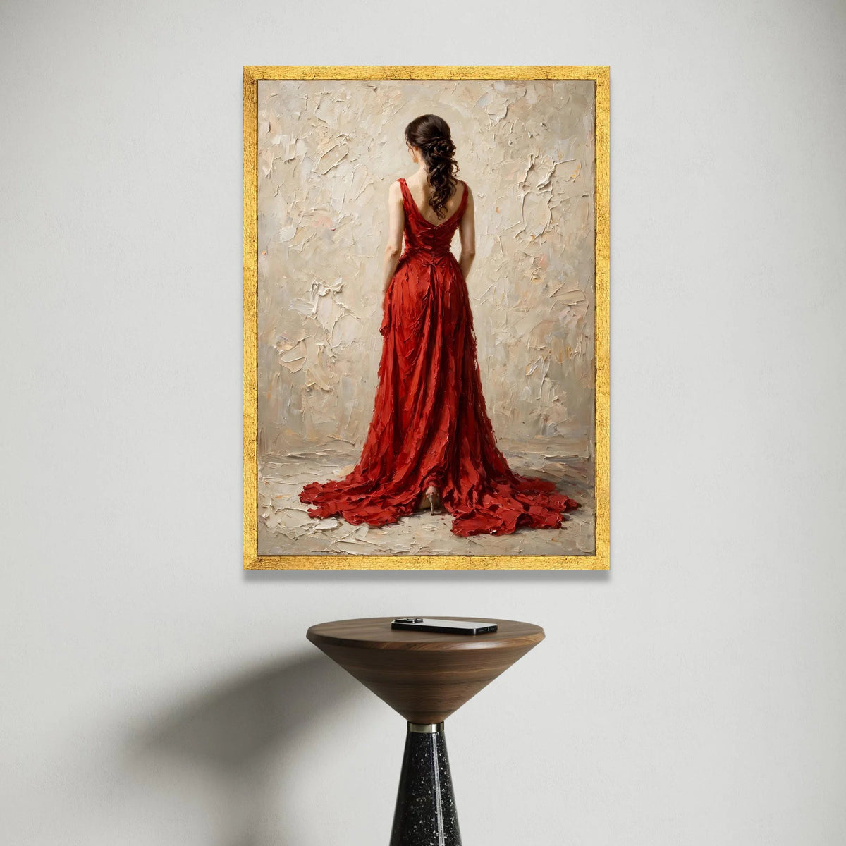 Elegant Woman Red Gown Canvas, Back View Portrait Wall Art, Feminine Fashion Decoration, Classic Dress Canvas Art, Ready to Canvas Print Art