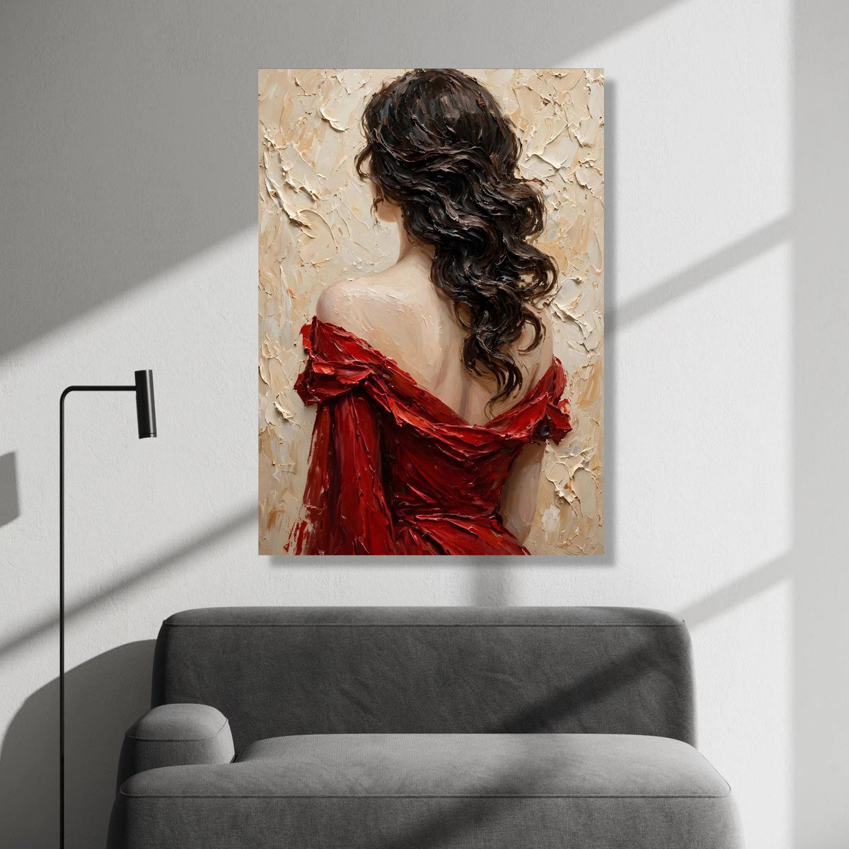 Elegant Woman Red Dress Canvas, Back View Portrait Art, Romantic Female Wall Decor, Contemporary Canvas Painting, Home Canvas Print Art