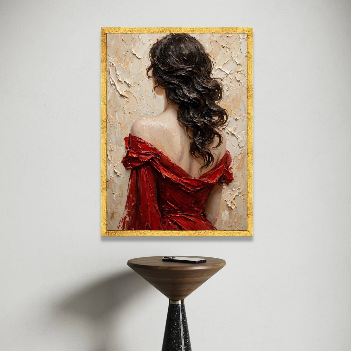 Elegant Woman Red Dress Canvas, Back View Portrait Art, Romantic Female Wall Decor, Contemporary Canvas Painting, Home Canvas Print Art