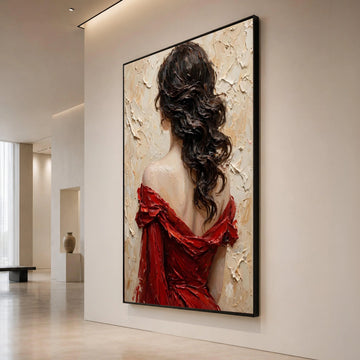 Elegant Woman Red Dress Canvas, Back View Portrait Art, Romantic Female Wall Decor, Contemporary Canvas Painting, Home Canvas Print Art