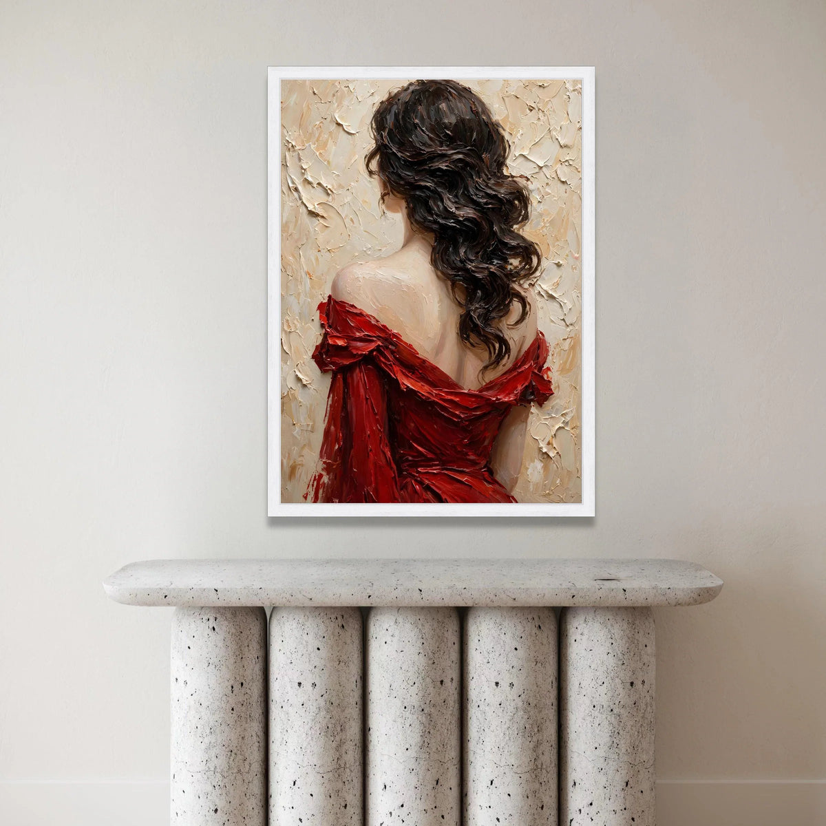 Elegant Woman Red Dress Canvas, Back View Portrait Art, Romantic Female Wall Decor, Contemporary Canvas Painting, Home Canvas Print Art