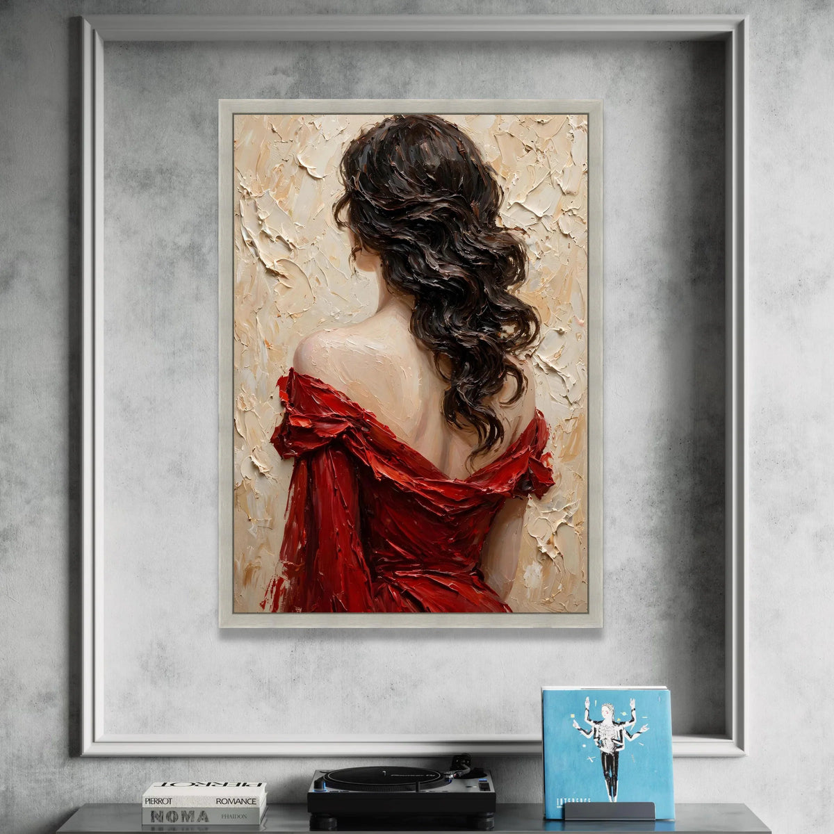 Elegant Woman Red Dress Canvas, Back View Portrait Art, Romantic Female Wall Decor, Contemporary Canvas Painting, Home Canvas Print Art