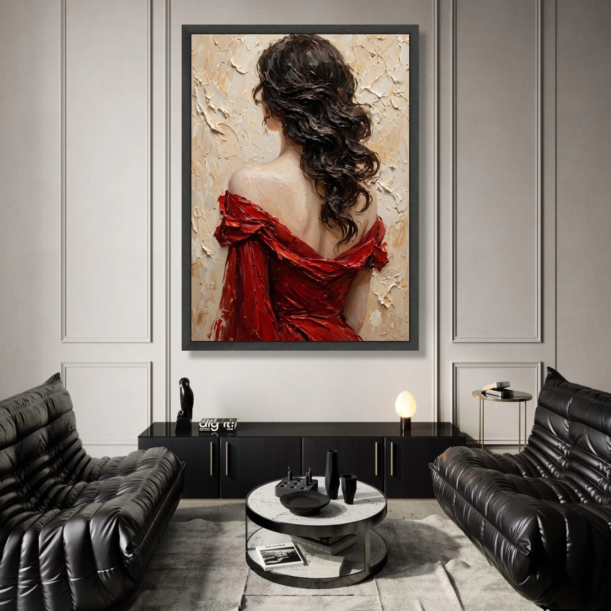 Elegant Woman Red Dress Canvas, Back View Portrait Art, Romantic Female Wall Decor, Contemporary Canvas Painting, Home Canvas Print Art