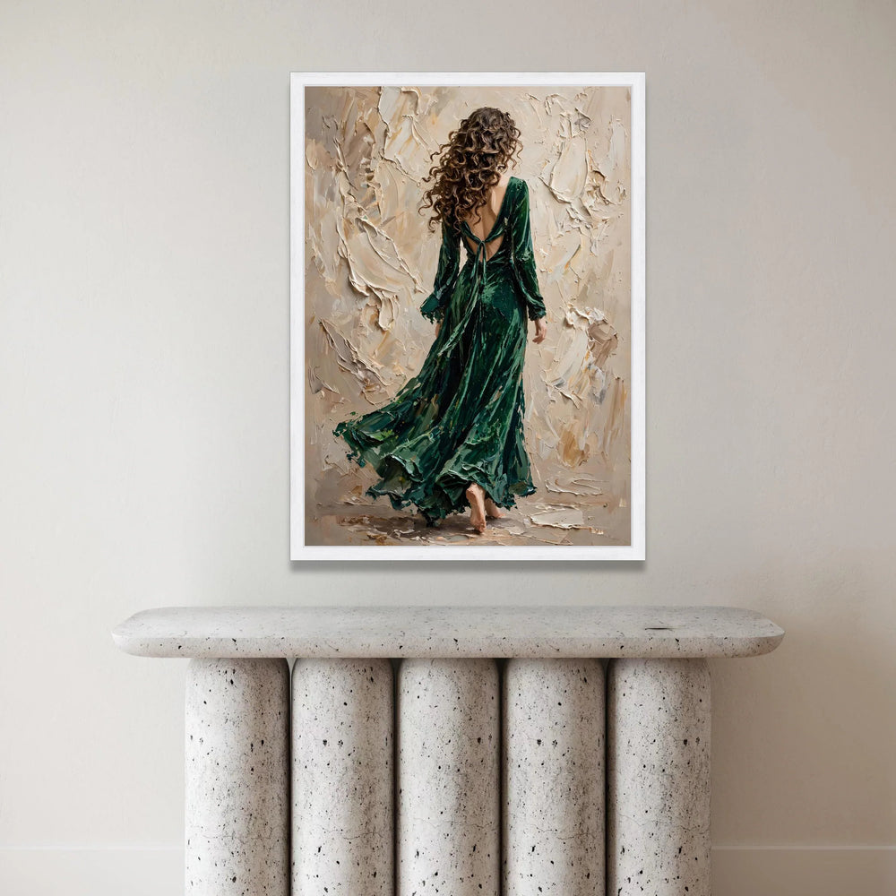 Elegant Woman Flowing Green Dress Canvas, Abstract Background Art, Contemporary Female Figure Wall Art, Modern Home Canvas Print Art
