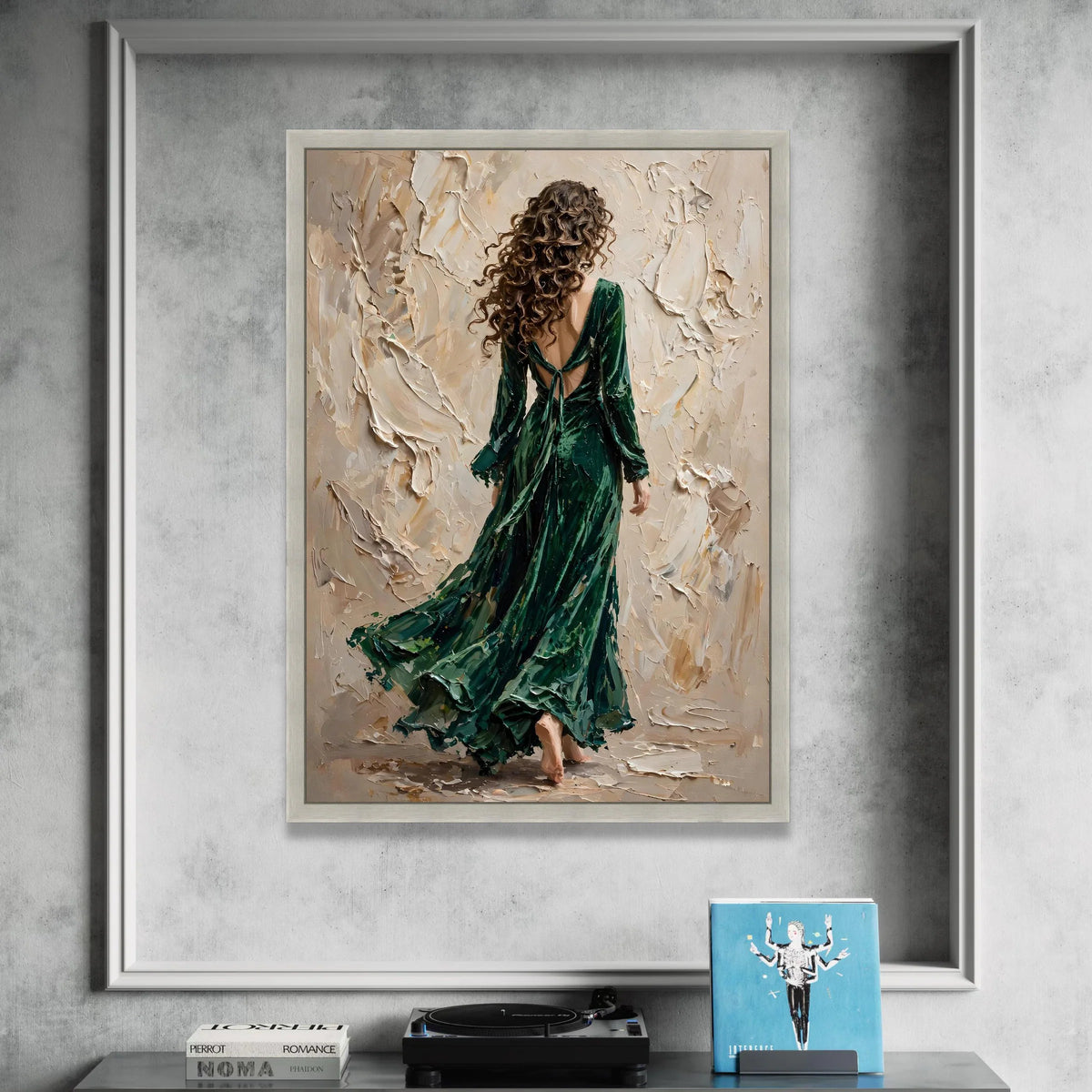 Elegant Woman Flowing Green Dress Canvas, Abstract Background Art, Contemporary Female Figure Wall Art, Modern Home Canvas Print Art
