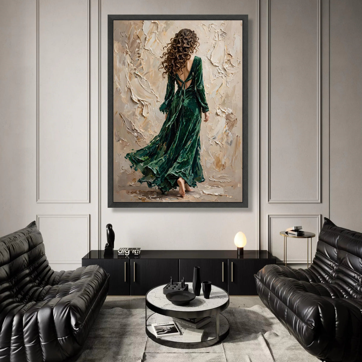 Elegant Woman Flowing Green Dress Canvas, Abstract Background Art, Contemporary Female Figure Wall Art, Modern Home Canvas Print Art