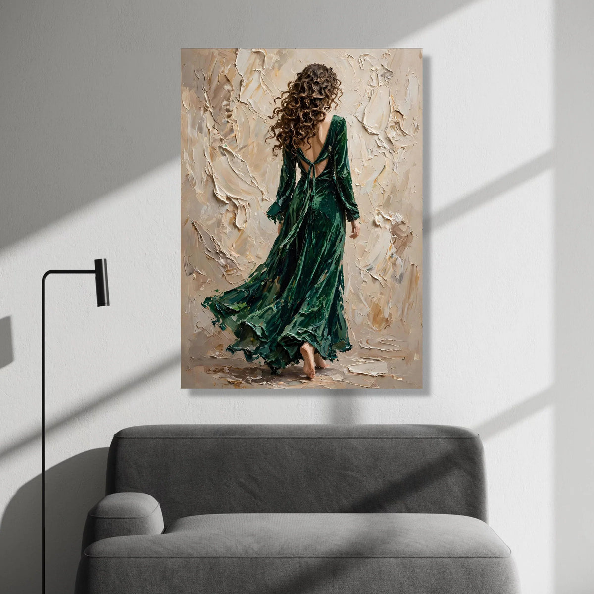 Elegant Woman Flowing Green Dress Canvas, Abstract Background Art, Contemporary Female Figure Wall Art, Modern Home Canvas Print Art