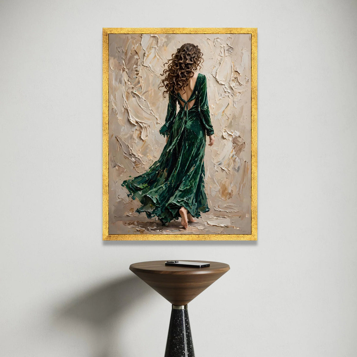 Elegant Woman Flowing Green Dress Canvas, Abstract Background Art, Contemporary Female Figure Wall Art, Modern Home Canvas Print Art