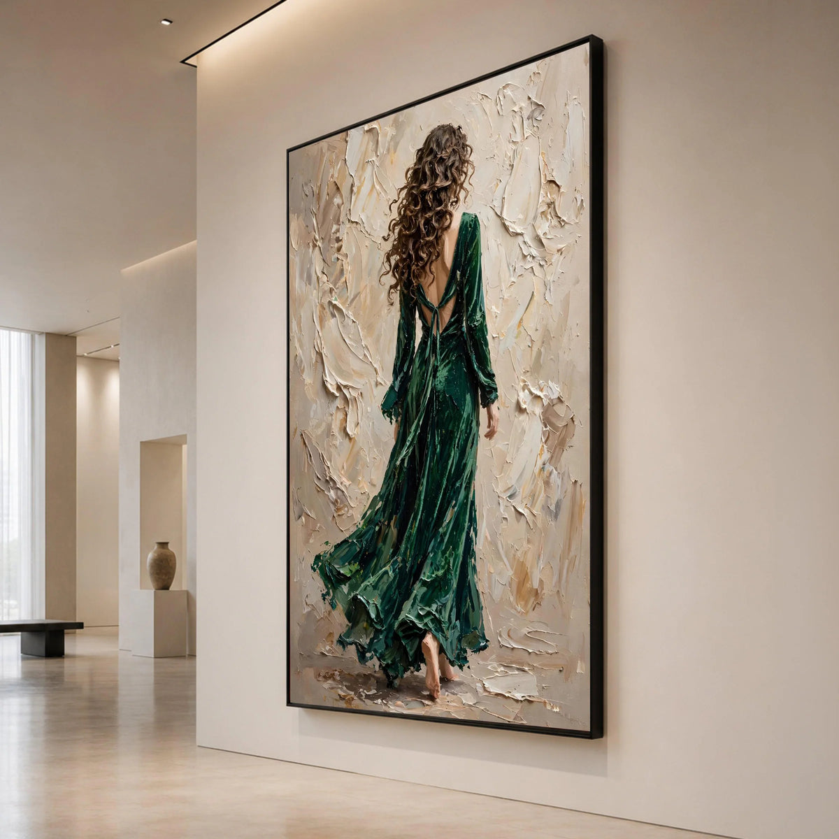 Elegant Woman Flowing Green Dress Canvas, Abstract Background Art, Contemporary Female Figure Wall Art, Modern Home Canvas Print Art