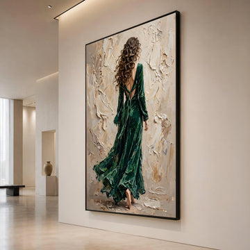 Elegant Woman Flowing Green Dress Canvas, Abstract Background Art, Contemporary Female Figure Wall Art, Modern Home Canvas Print Art