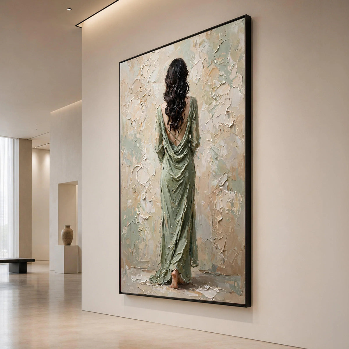 Elegant Woman Flowing Green Dress Canvas, Back View Portrait Wall Art, Contemporary Female Figure Painting, Home Interior Canvas Print Art