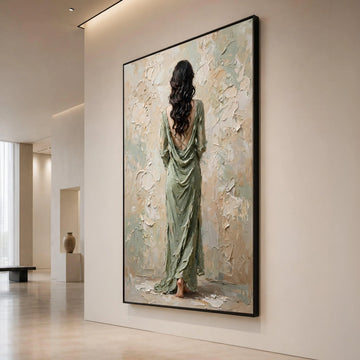 Elegant Woman Flowing Green Dress Canvas, Back View Portrait Wall Art, Contemporary Female Figure Painting, Home Interior Canvas Print Art
