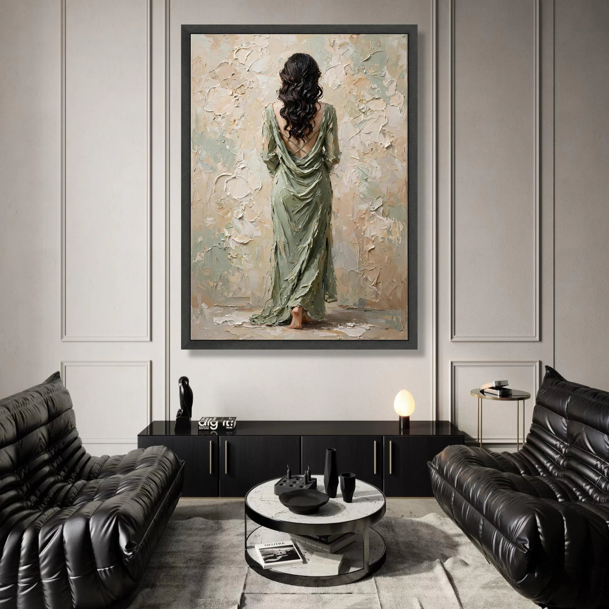 Elegant Woman Flowing Green Dress Canvas, Back View Portrait Wall Art, Contemporary Female Figure Painting, Home Interior Canvas Print Art