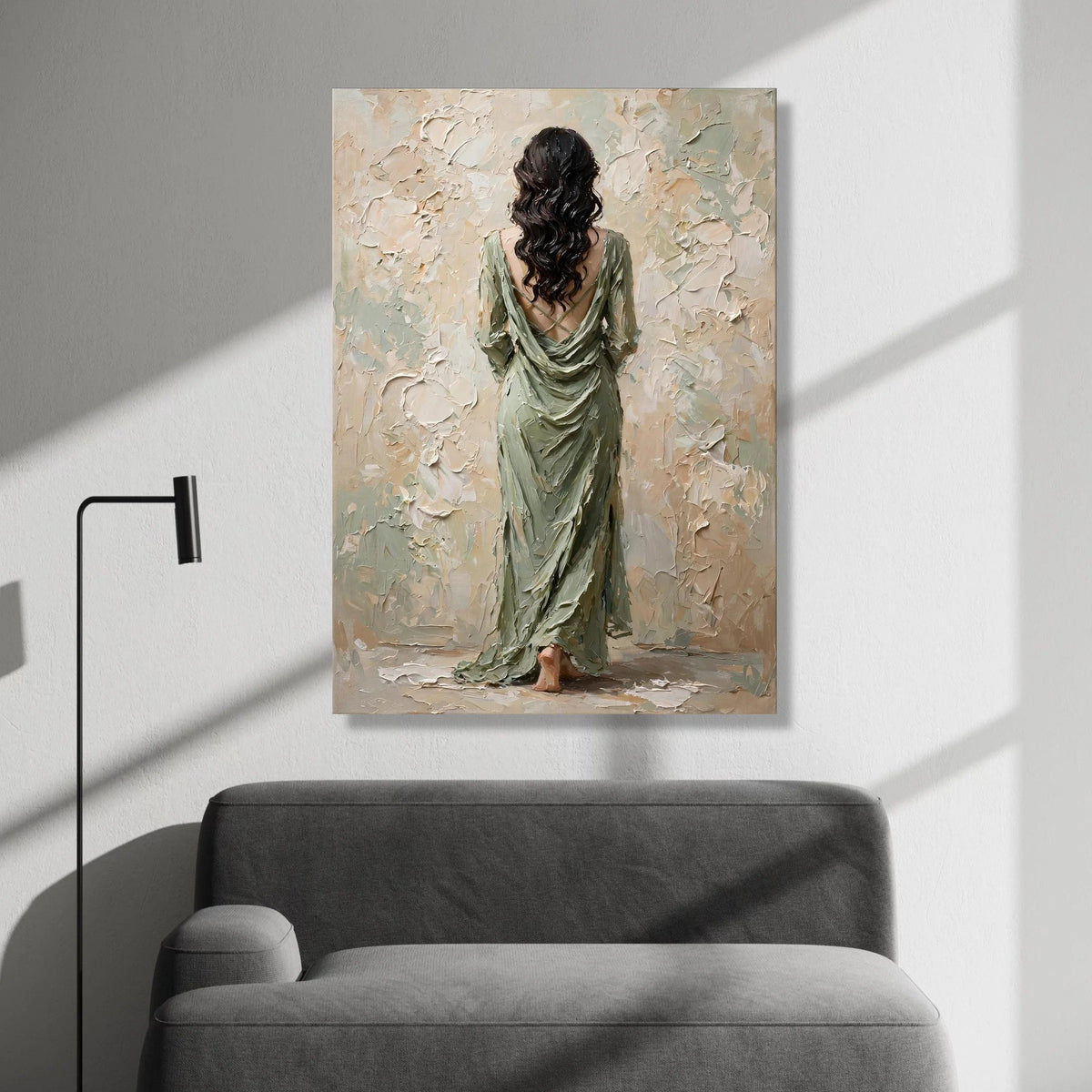 Elegant Woman Flowing Green Dress Canvas, Back View Portrait Wall Art, Contemporary Female Figure Painting, Home Interior Canvas Print Art