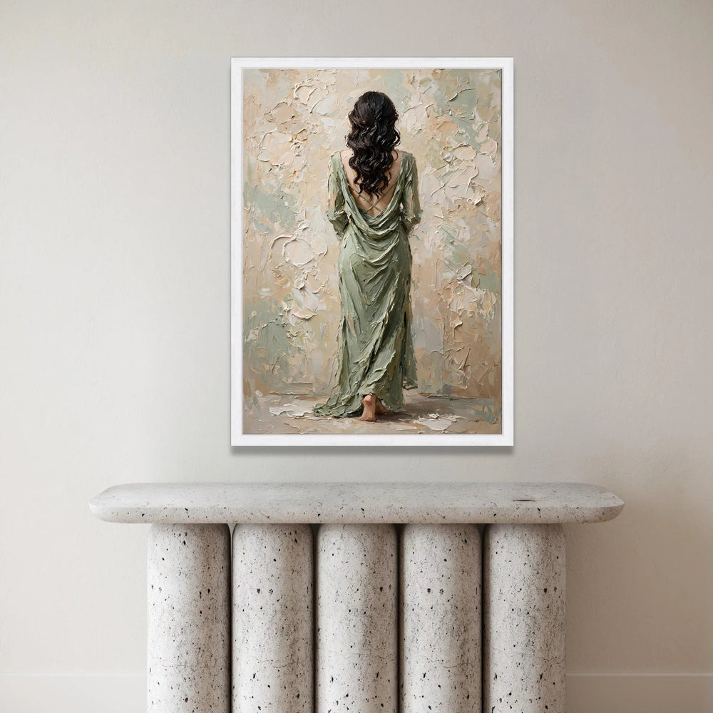 Elegant Woman Flowing Green Dress Canvas, Back View Portrait Wall Art, Contemporary Female Figure Painting, Home Interior Canvas Print Art